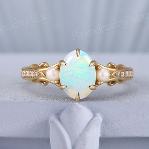 Dainty natural opal engagement ring vintage oval opal wedding rings for women solid gold unique handmade jewelry anniversary custom gift
