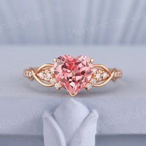 Unique Peach Pink Sapphire Engagement Ring 14K Gold Heart Love Rings for Women Vintage Moissanite Cluster Wedding Ring Custom Handmade Gift