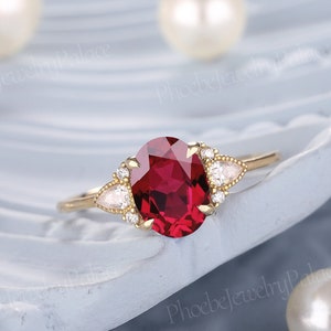 Unique Oval Ruby Engagement Ring Vintage Minimalism Wedding Ring Solid Gold Diamond Cluster Ring Art Deco Ring Anniversary Handmade Gift