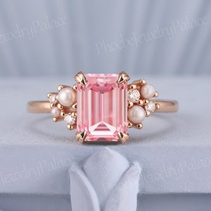 Vintage Emerald Cut Pink Sapphire Engagement Ring Unique Rose Gold Wedding Rings for Women Inspire Flora Ring Anniversary Gift Custom Ring
