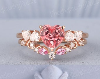 Art Deco Heart Cut Peach Pink Sapphire Engagement Ring Set Rose Gold Unique Five Stone Love Rings for Women Custom Anniversary Gift for Her