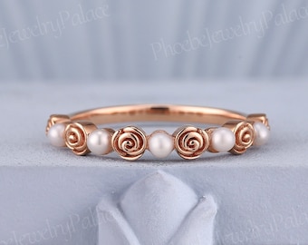Dainty Natural Pearl Wedding Band Natural Inspired Wedding Ring Solid Gold Stacking Rings for Women Anniversary Gift for Her Graduate Gift