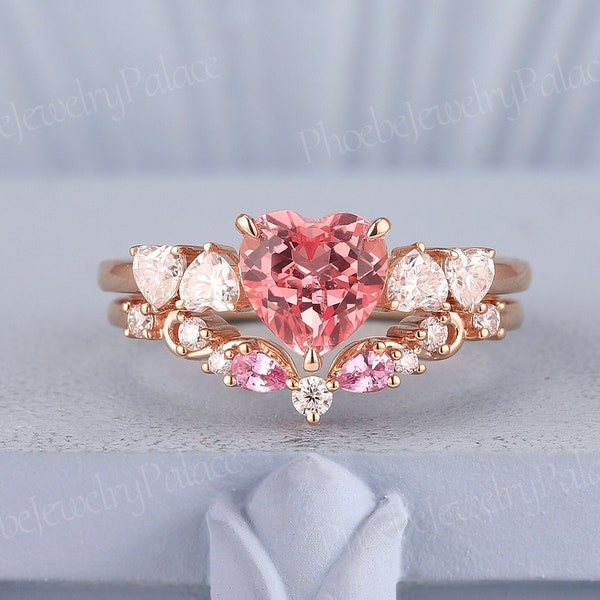 Art Deco Heart Cut Peach Pink Sapphire Engagement Ring Set Rose Gold Unique Five Stone Love Rings for Women Custom Anniversary Gift for Her