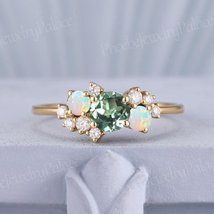 Art Deco Green Sapphire Engagement Ring Unique Wedding Rings for Women Round Opal Cluster Ring Gold Anniversary Gift for Her Personalized