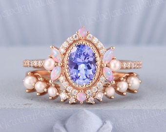Vintage Natural Tanzanite Engagement Ring Set Delicate Wedding Rings for Women Opal Cluster Rings Miligrain Rings Anniversary Gift for Her