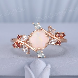 Unique Natural Opal Aquamarine Garnet Engagement Ring Inspire Birthstone Cluster Ring Solid Gold Rings for Women Art Deco Anniversary Gift