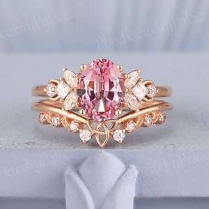 Art Deco Rosa Saphir Verlobungsring Set Oval Vintage Moissanit Cluster Eheringe für Frauen Art Deco Ring Set Jahrestag Geschenk