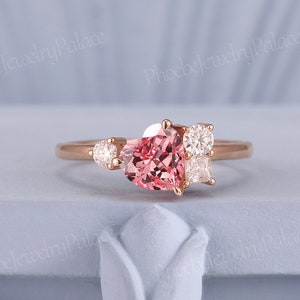 Art Deco Heart Cut Peach Pink Sapphire Engagement Ring Rose Gold Unique Wedding Love Rings for Women Moissanite Anniversary Gift for Her