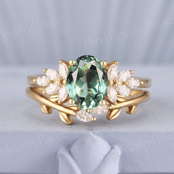 Bague de fiançailles vintage saphir vert olive sertie d'anneaux de mariage en grappe de moissanite feuille d'or pour femme cadeau d'anniversaire fait main unique