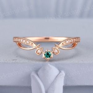 Art Deco Emerald Curved Wedding Band Moissanite Wedding Ring Diamond Matching Ring Band Chevron Band V Shaped Ring Anniversary Gift Handmade