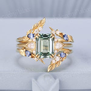 Art Deco Emerald Cut Green Sapphire Engagement Ring Set Leaf Marquise Natural Blue Sapphire Enhancer Wedding Band Double Wedding Band Custom