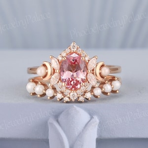 Vintage Oval Rosa Saphir Verlobungsring Set Einzigartige Perle Halo Cluster Pinky Hochzeitsringe für Frauen Jahrestag Geschenk für Sie