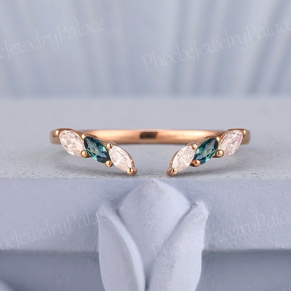 Natural Teal Sapphire Moissanite Curved Wedding Band Marquise Rose Gold Diamond Band Vintage Wedding Ring Stacking Ring Chevron Band Custom