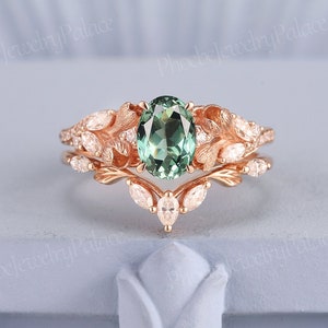 Unique Green Sapphire Engagement Ring Set Oval Vintage Wedding Rings for Women Natural Inspired Ring Handmade Anniversary Gift for Her