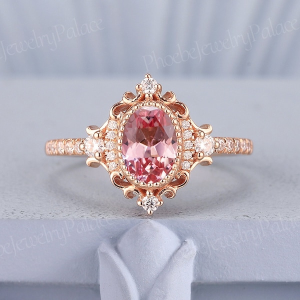 Vintage Peach Pink Sapphire Engagement Ring Oval Wedding Rings for Women Solid Gold Diamond Cluster Cocktail Ring Anniversary Handmade Gift