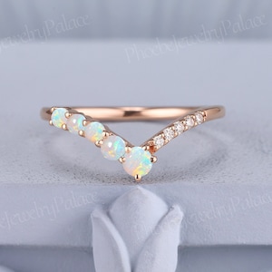 Art Deco Natural White Opal Moissanite Curved Wedding Band Diamond Matching Ring Band Chevron Band V Shaped Ring Anniversary Christmas Gift