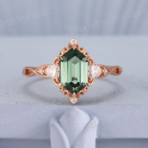 Vintage Green Sapphire Engagement Ring Hexagon Wedding Rings for Women Solid Gold Three Stone Cluster Ring Handmade Ring Gift for Her Custom