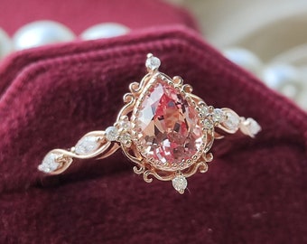 Vintage Pink Sapphire Engagement Ring Delicate Pear Wedding Rings for Women Solid Gold Halo Filigree Ring Handmade Gift for Her Anniversary