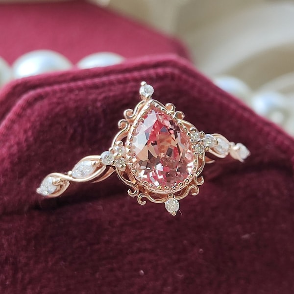 Vintage Rosa Saphir Verlobungsring Zarte Birne Hochzeit Ringe für Frauen Solid Gold Halo Filigraner Ring Handgemachtes Geschenk für ihren Jahrestag