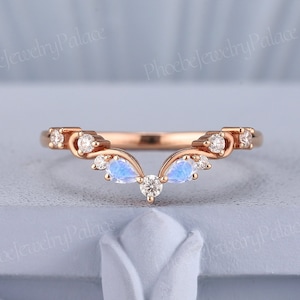 Unique Moonstone Curved Wedding Band Rose Gold Diamond Wedding Band Vintage Wedding Ring Moissanite Stacking Matching Chevron Band Custom