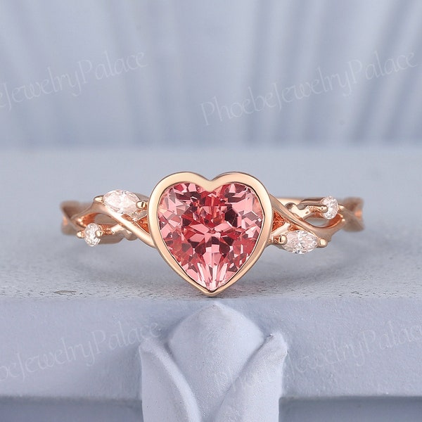 Unique Heart Cut Peach Pink Sapphire Engagement Ring Bezel Rings Inspired Branch Love Rings for Women Handmade Anniversary Ring Custom Gift