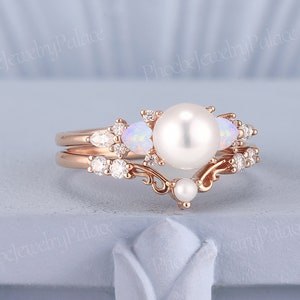 Vintage Akoya Pearl Engagement Ring Set Unique Heart Opal Diamond Cluster Wedding Ring Set Women Art Deco Curved Band Anniversary Ring Gift