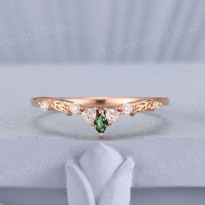 Natural Inspired Green Sapphire Moissanite Curved Wedding Band Women Art Deco Matching Wedding Ring Gold Leaf Chevron Band Custom Gift Women