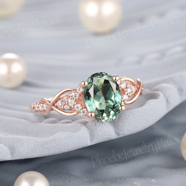 Vintage Olive Green Sapphire Engagement Ring Oval Wedding Rings for Women Solid Gold Moissanite Diamond Cluster Ring Anniversary Gift Custom