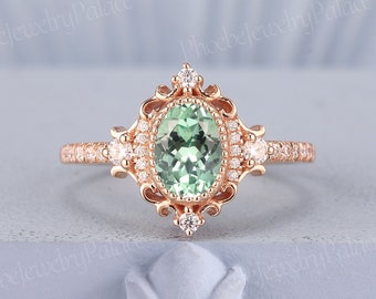 Vintage Mint Green Sapphire Engagement Ring Oval Wedding Rings for Women Solid Gold Diamond Cluster Cocktail Ring Anniversary Handmade Gift