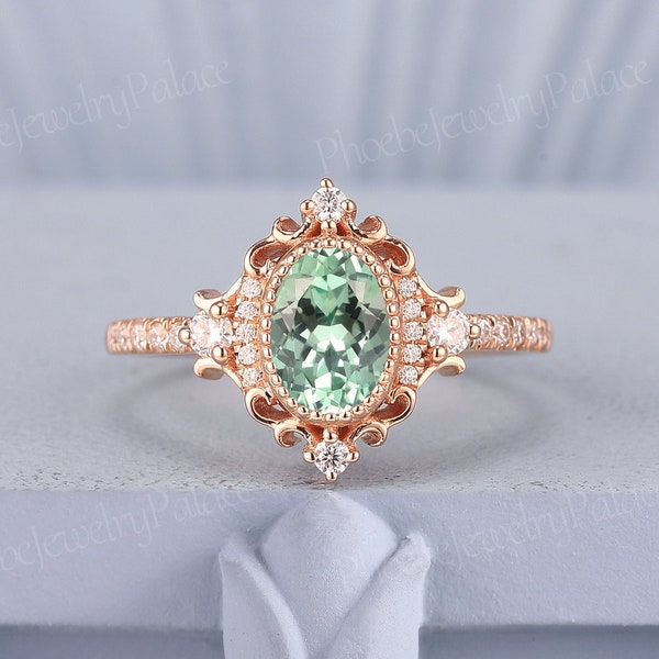 Vintage Mint Green Sapphire Engagement Ring Oval Wedding Rings for Women Solid Gold Diamond Cluster Cocktail Ring Anniversary Handmade Gift
