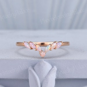 Art Deco Natural White Opal Curved Wedding Band Marquise Matching Ring Band Chevron Band V Shaped Ring Anniversary Gift Handmade Jewelry