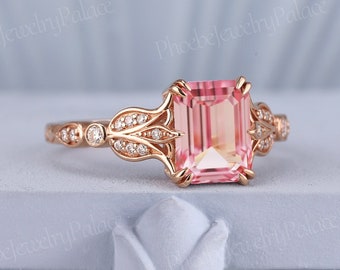 Art Deco 2ct Emerald Cut Pink Sapphire Engagement Ring Set Unique Wedding Rings for Women Gold Inspire Flora Ring Anniversary Gift Custom