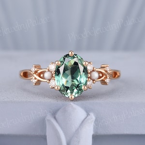 Vintage Green Sapphire Engagement Ring Rose Gold Pearl Moissanite Cluster Wedding Rings for Women Diamond Anniversary Gift Handmade