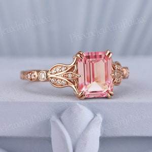 Art Deco 2ct Emerald Cut Pink Sapphire Engagement Ring Set Unique Wedding Rings for Women Gold Inspire Flora Ring Anniversary Gift Custom