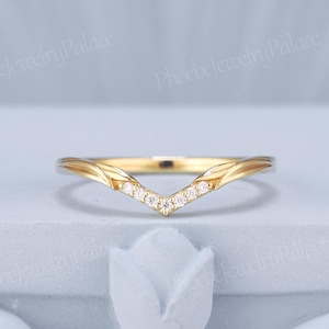 Natur inspiriert Blatt gebogener Ehering einzigartige Gelbgold Moissanit stapelbarer Ring passendes Brautversprechen Ring individuelles Geschenk für sie