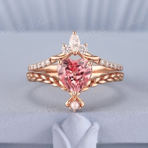 Unique Heart Cut Peach Pink Sapphire Engagement Ring Set Rose Gold Inspired Leaf Pearl Love Rings for Women Handmade Anniversary Ring Custom
