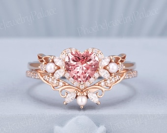 Unique Heart Pink Sapphire Engagement Ring Set Vintage Moissanite Pearl Cluster Wedding Rings for Women Wing Design Bridal Set Gift for Her