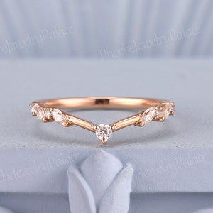 Art Deco Moissanite Curved Wedding Band Marquise Cut Wedding Rings for Women Delicate Chevron Band V Shaped Vine Ring Guard Custom Ring