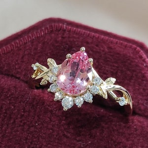Vintage peach sapphire engagement ring delicate pear pink sapphire wedding ring solid gold rings unique handmade gift anniversary gift women