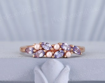 Aliança de casamento com pérola tanzanita natural exclusiva, ouro rosa, empilhamento de anéis de casamento para mulheres, anel de pedra roxa lavanda, presente de aniversário de graduação