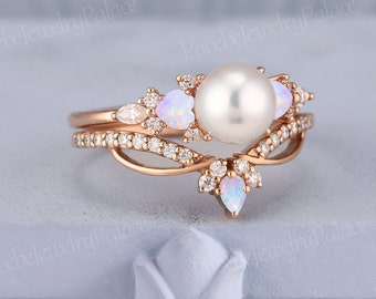Vintage Akoya Perle Verlobungsring Set Einzigartige Herz Opal Diamant Cluster Ehering Set Frauen Art Deco Gebogen Band Jubiläum Ring Geschenk