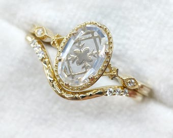 One of a Kind Oval Moissanite Engagement Ring Set Art Deco Unique Cut Moissanite Wedding Rings for Women Vintage Floral Rings Gift for Her