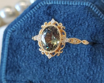 Vintage Green Sapphire Engagement Ring Art Deco Solid Rose Gold Wedding Rings for Women Unique Moissanite Cluster Bridal Rings Gift for Her