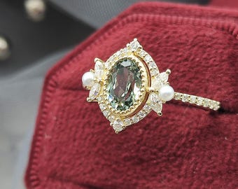 Vintage Oval Green Sapphire Pearl Engagement Ring Art Deco Filigree Solid Gold Wedding Ring Unique Birthstone Ring Anniversary Gift Handmade