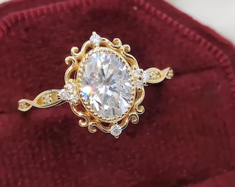Vintage Moissanite Engagement Ring Art Deco Oval Wedding Rings for Women Gold Filigree Ring Unique Diamonds Cluster Bridal Ring Gift for Her