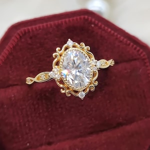 Vintage Oval Moissanite Engagement Ring, Gold Filigree Milgrain Bezel Setting, Cluster Bridal Ring, Custom Fine Jewelry