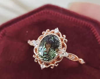 Anillo de compromiso vintage de zafiro verde, anillo de boda ovalado de oro macizo, anillo con engaste de filigrana milgrain, joyería fina personalizada.