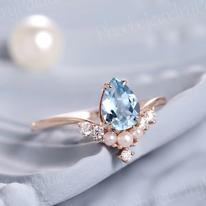 Unique Aquamarine Engagement Ring Art Deco Blue Gemstone Rose Gold Wedding Ring Dainty V Shaped Pearl Bridal Ring Jewelry Gift For Women