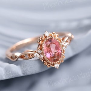 Vintage peach sapphire engagement ring delicate pink paparacha sapphire wedding ring solid gold rings unique handmade gift anniversary gift