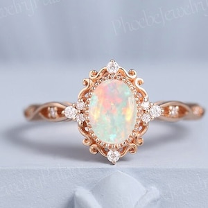 Dainty natural opal engagement ring vintage oval opal wedding rings women solid gold unique handmade jewelry anniversary custom gift women